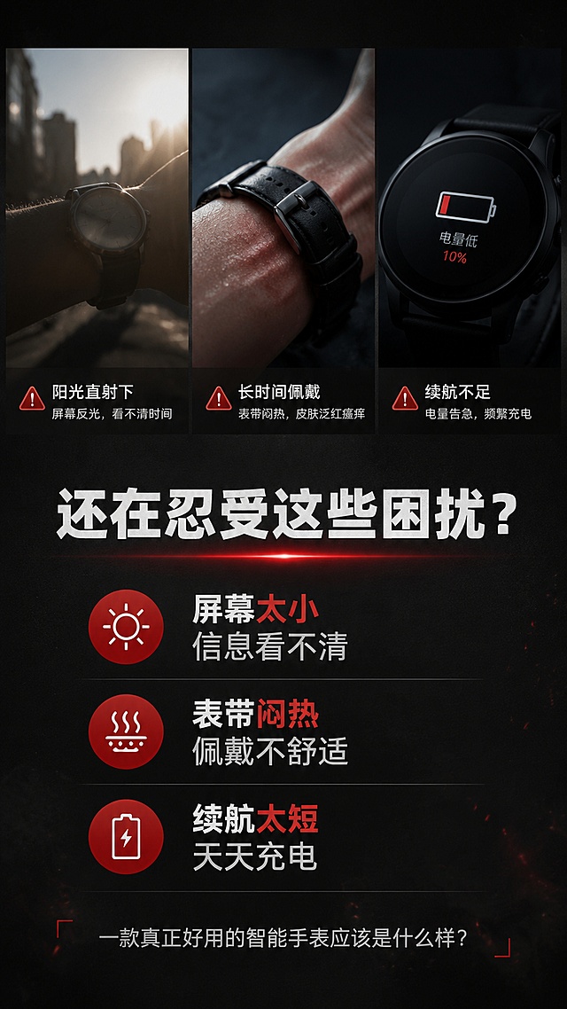 [第2屏] 详情页痛点直击-传统手表使用困扰场景。本屏无需产品图，为纯痛点场景说明屏。
[氛围/风格] 深色写实风格，略带压抑感，突出痛点共鸣，商业插画质感。
[元素布局] 画面分为上下两部分，上半部分展示三个痛点场景小图：左侧是阳光下看不清表盘的模糊画面，中间是表带闷热泛红的手腕特写，右侧是电量低提示的手表界面；下半部分是大标题和痛点列表；背景为深灰色渐变，点缀红色警示元素。
[光影质感] 整体偏暗调，痛点场景用冷光突出困扰感，标题区用对比光强调文字。
[配色色系] 全局底色 #222222 深灰；主色白色标题；辅助色红色 #E53935 痛点标签；灰色辅助文字。
[视角构图] 上下构图，上半部分三宫格场景图，下半部分文字区，阅读动线从上到下。
[文字版式] 顶部主标题「还在忍受这些困扰？」，白色粗体大字居中；下方3个痛点条目，每条配红色圆点图标：「屏幕太小 信息看不清」「表带闷热 佩戴不舒适」「续航太短 天天充电」；痛点文字左对齐，白色正文，红色关键词高亮；底部小字「一款真正好用的智能手表应该是什么样？」。
[比例分辨率] 9:16 竖版比例，4K分辨率，文字清晰可辨，高清画质。
[负向提示词] 变形，水印，文字错乱，文字过小，画面模糊，出现产品图。