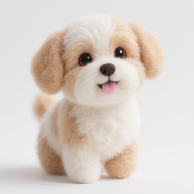 一只浅棕色与白色相间的小狗，毛发蓬松柔软，眼睛明亮有神，嘴巴微张露出粉色舌头，姿态乖巧可爱，背景为纯白色，突出小狗主体。预览效果