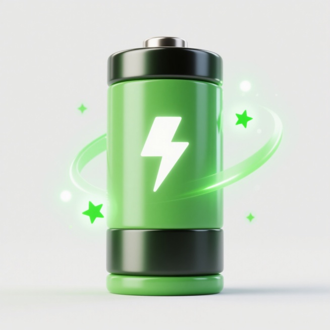 一个采用3D渲染风格的电池图标，主体为绿色圆柱形，上下两端为黑色金属盖，表面光滑有光泽，带有轻微的高光和反光效果。电池侧面印有一个白色的闪电符号，闪电符号线条锐利，边缘有发光效果。电池周围环绕着绿色的光晕和一些闪烁的绿色星星、光点，营造出充满能量、科技感的氛围。整体构图居中，背景为纯白色，电池造型变换为扁平风格，保持绿色主体、黑色顶盖和白色闪电符号的核心元素，光影效果柔和，光晕和星星元素适当简……预览效果