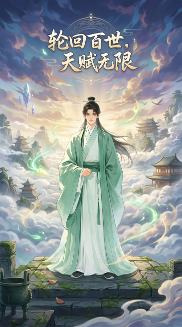 古风玄幻风格的9:16漫剧封面，保留原图中的古风绿衣长发美男，背景为云雾缭绕的古仙侠场景，不要纯白色背景，添加剧名文案'轮回百世，天赋无限'，整体风格有故事感和互动氛围，画面氛围感强预览效果