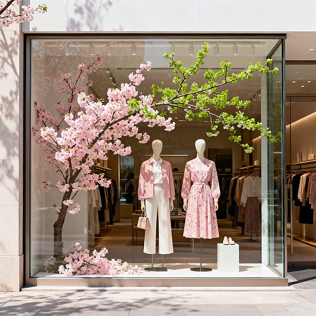春日橱窗氛围设计正面视角，清新明快的春日主题，橱窗内布置粉色樱花、嫩绿枝条、春日新款服饰，暖调自然光，温馨浪漫氛围，通透干净的玻璃橱窗，精致细节，商业空间设计风格