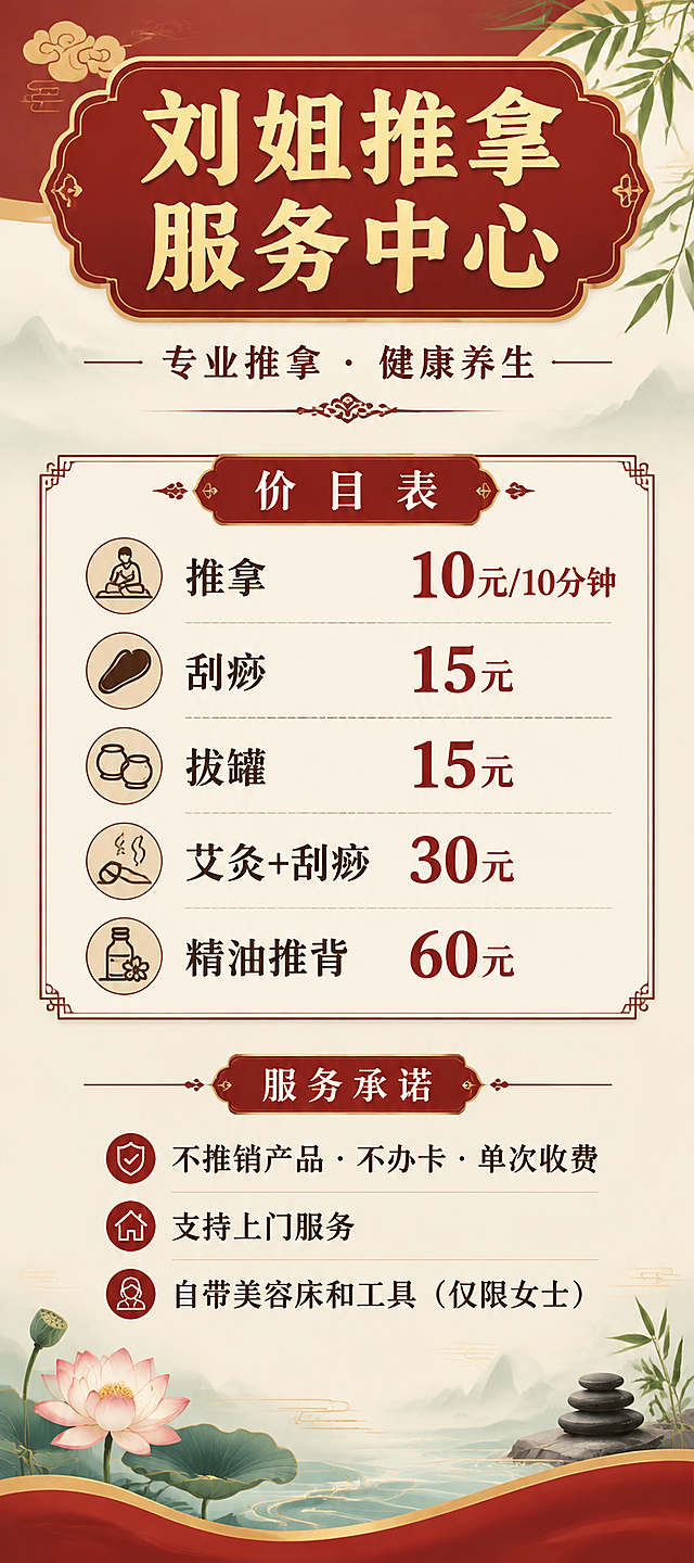 设计一张竖版中式养生推拿服务牌/门店立牌设计图，画面比例为宽80cm高180cm（竖版4:9），适合门店门口立牌展示。整体采用温暖专业的中式国风风格，主色调为深红、金色、米白，配以祥云、莲花、竹叶、水纹等淡雅装饰元素，留白透气，排版清晰专业。顶部为大号金色标题「刘姐推拿服务中心」，标题下方小字副标题「专业推拿·健康养生」；中间区域为价目表，采用简洁列表排版，每项内容准确清晰："推拿 10元/10分钟"、"刮痧 15元"、"拔罐 15元"、"艾灸+刮痧 30元"、"精油推背 60元"，价格用醒目深红色突出；底部为服务承诺区域，分三行清晰排版："不推销产品 · 不办卡 · 单次收费"、"支持上门服务"、"自带美容床和工具（仅限女士）"，配简约小图标装饰。整体字体工整、中文无错字，画面像印刷店招效果，无杂乱元素。