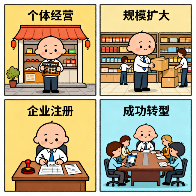 Q版卡通风格，个转企主题，描绘从小个体户店主转变为企业老板的过程，简洁明快画风预览效果