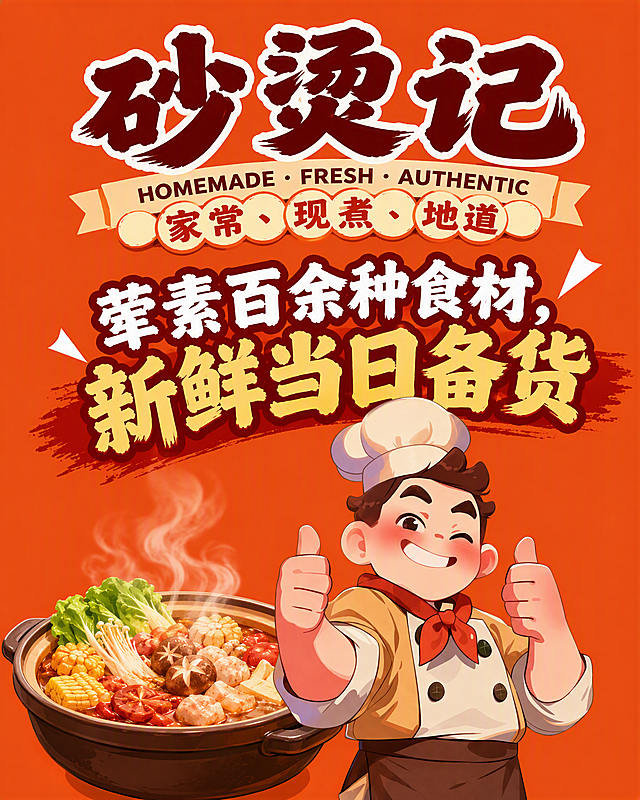 将这张餐饮海报修改为简约风格：1. 背景改为参考图中的橙红色纯色背景，去除所有杂乱的背景元素、灯笼、店铺场景等；2. 将画面中的火锅替换为热气腾腾的砂锅；3. 保留卡通厨师人物形象、店铺名称"砂烫记"、英文标语"HOMEMADE · FRESH · AUTHENTIC"、中文标语"家常、现煮、地道"、主宣传语"荤素百余种食材，新鲜当日备货"；4. 整体画面简约干净，突出文字和主体人物，卡通风格，橙红色主色调。