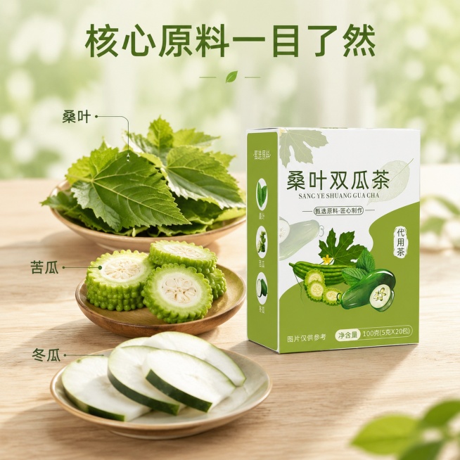 「图片1」，生成电商主图（4张），商品名称是桑叶双瓜茶，卖点是，适配淘宝/天猫平台，主图比例为1:1预览效果