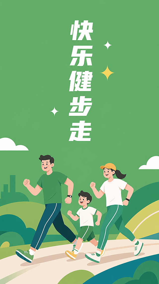 参考上传图片的扁平插画风，生成健步走主题的竖版封面，保留文字竖排和星星装饰元素，去掉春季相关季节元素，不要和原图完全一样，包含大字标题"快乐健步走"，描绘一家三口健步走的场景，简约扁平化插画风格，绿色背景