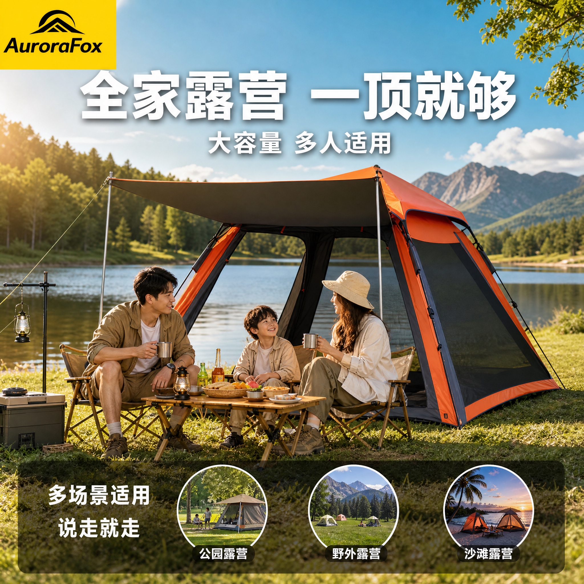 [主图-4] 场景与使用体验，主题：多场景适用 家庭露营必备。… - 图片创意预览