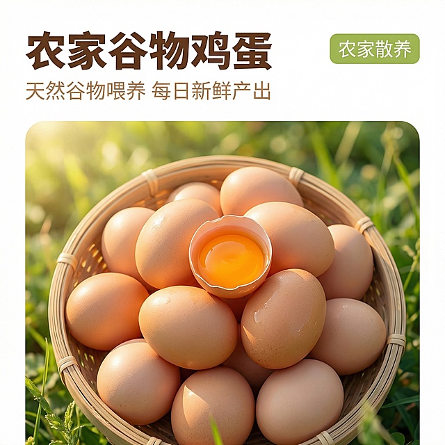 [垫图] https://gdesign-dam-hz.dancf.com/35977571442349177/9063321879734676aa89c73283f1b71b.png
[主图主题] 农家谷物鸡蛋首图场景展示
[氛围/风格] 田园整洁自然风，自然暖阳逆光，新鲜干净有食欲
[画面元素] 原图鸡蛋保留在竹编簸箕中，整体居中展示，背景是模糊的绿色田园草地，阳光从侧后方照射，突出鸡蛋温润质感和蛋黄的通透色泽，保留半颗破开鸡蛋展示诱人蛋黄，整体自然清新，背景全屏无边框，主体占比约60%
[配色色系] 主色调：暖浅棕（鸡蛋）、嫩绿色（田园背景）；辅助色：橙黄色（蛋黄）
[视角构图] 俯视视角，浅景深突出鸡蛋主体
[文字版式] 左上角主文案 "农家谷物鸡蛋"，副标题 "天然谷物喂养 每日新鲜产出"，右上角浅绿底圆角标签 "农家散养"；字体为无衬线粗体，主标题字色深棕，副标题浅棕；文字不遮挡鸡蛋主体，悬浮在背景留白处，整体构图均衡
[比例分辨率] 2k分辨率