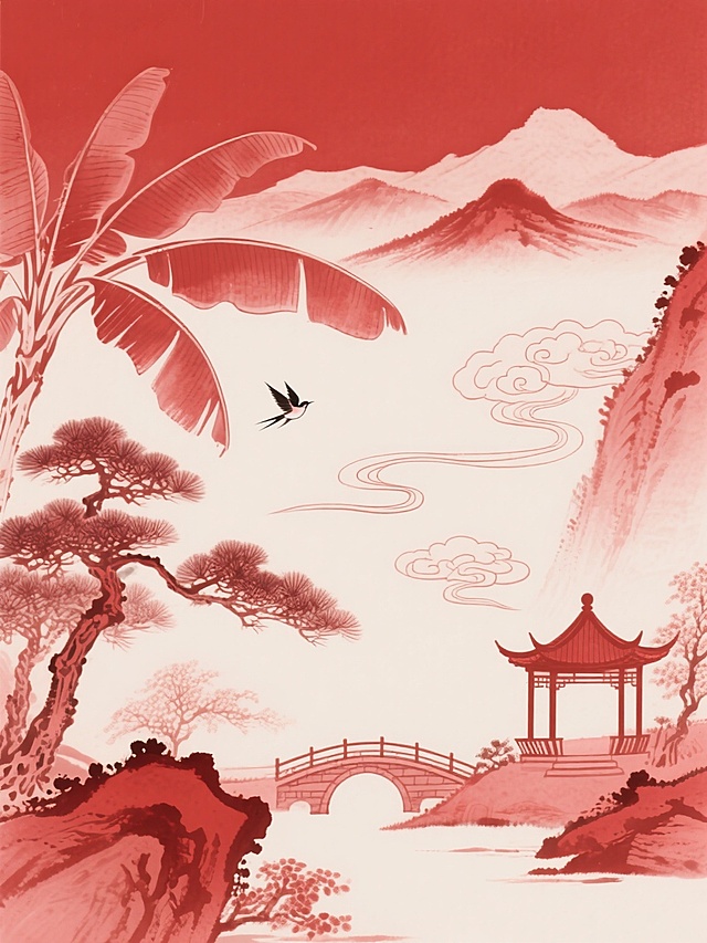 中国传统水墨风格山水画，蕉红色纯色背景，仅含绛红色调，包含远山、青松、飞鸟、祥云、小桥、亭台等国风元素，线条流畅简洁，水墨晕染效果自然，暗纹颜色为红色且不过深，留白充足，画面空灵雅致，富有东方意境