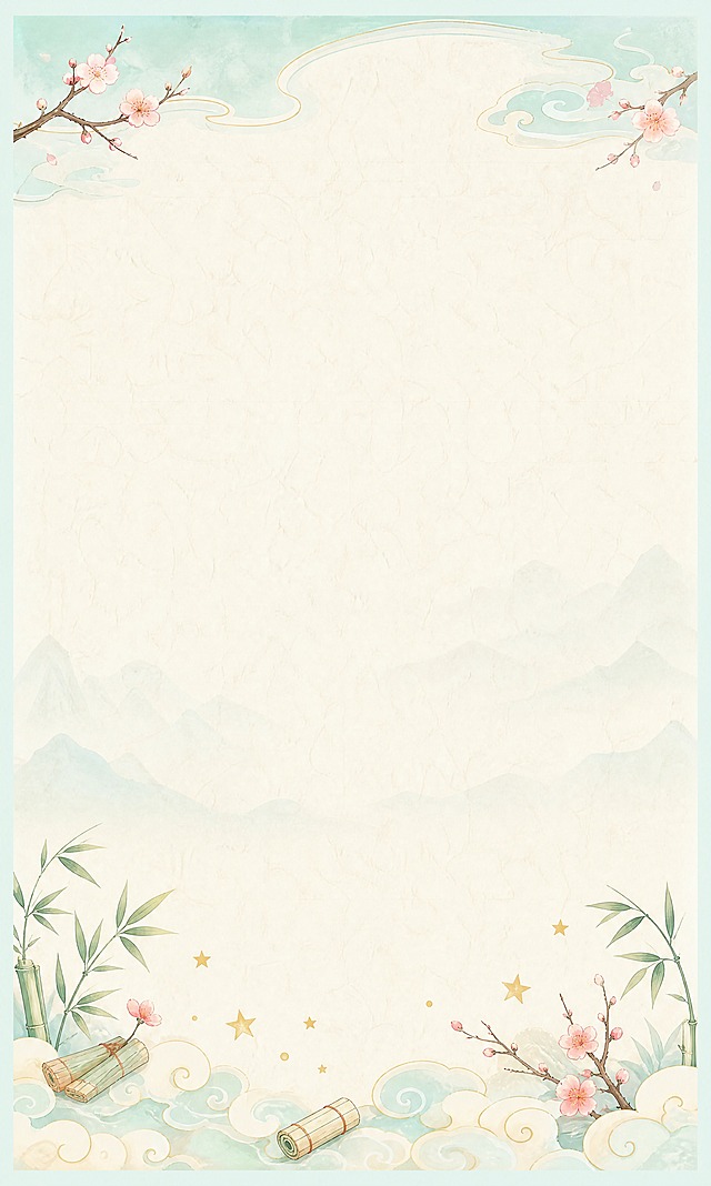 竖向海报背景，画面比例15:25，小学古风校园场景，国风卡通插画风格，适合儿童的明亮柔和配色，以淡青色、浅桃粉、米白、嫩竹绿为主色调，温馨清新。画面分为三个区域：顶部约占画面1/5，为主题预留区域，放置简约的中式云纹装饰和细枝梅花点缀，留出大面积空白用于书写主题文字，装饰简洁不繁杂；画面中部约占3/5，为正文内容区域，背景干净柔和，有淡淡的宣纸纹理和极淡的远山轮廓，留出充足空间放置正文，不添加任何遮挡元素；底部约占1/5，为装饰区域，散落分布着金色小星星、中式浅卷云纹、几本迷你小竹简、几枝青翠小竹子、一两朵疏梅（不求满枝，只有寥寥几朵），所有装饰元素小巧精致，寓意坚韧向善，排列疏朗不拥挤。整体画面无人物、无二维码、无复杂元素、无文字占位框，超高清画质，细节精致，色彩柔和明亮，充满童趣的古风氛围，版式精美，四周留有安全边距。