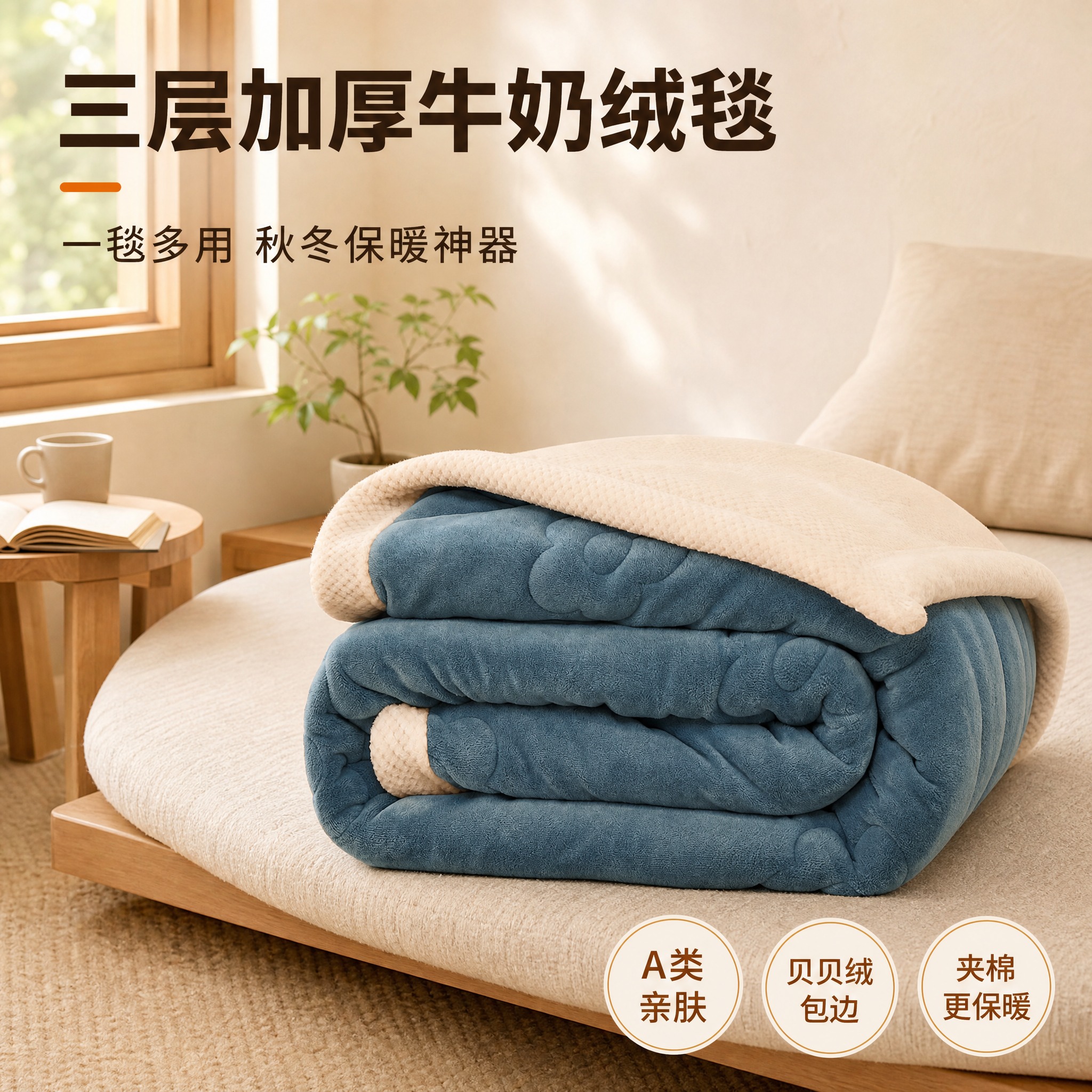 [主图-1] 牛奶绒贝贝绒夹棉毛毯 雾霾蓝+米白包边 日式卧室… - 图片创意预览