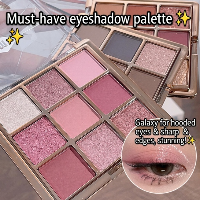 方案一：顶部"Must-have eyeshadow palette ✨"，右下角"Galaxy for hooded eyes & sharp edges, stunning! ✨"，保留星星符号与预览效果