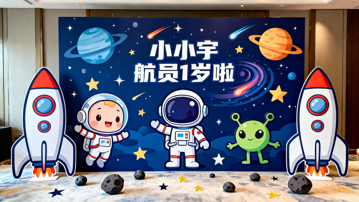 纯KT板周岁宴布置，太空宇宙卡通主题，主背景板为深蓝底色，印有"小小宇航员 1 岁啦"字样，搭配拟人化的火箭、星球、宇航员、外星生物卡通形象，周围环绕星星、流星、星云元素。两侧立有KT板火箭、星球造型预览效果