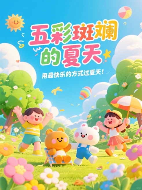 卡通风格，大标题“五彩斑斓的夏天”，小标题“用最快乐的方式过夏天 ”，营造轻松氛围 。预览效果