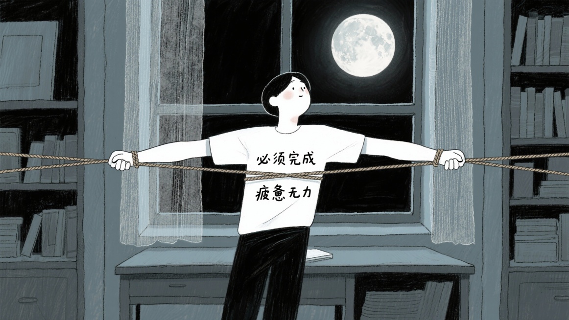 一个简笔人物，身体被两条方向相反的绳子拉扯，一条写着“必须完成”，另一条写着“疲惫无力”。背景可以是深夜书房或办公桌，窗外月色朦胧。画面色调偏冷灰，突出矛盾与压抑感。预览效果