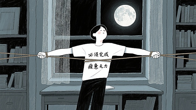 一个简笔人物，身体被两条方向相反的绳子拉扯，一条写着“必须完成”，另一条写着“疲惫无力”。背景可以是深夜书房或办公桌，窗外月色朦胧。画面色调偏冷灰，突出矛盾与压抑感。