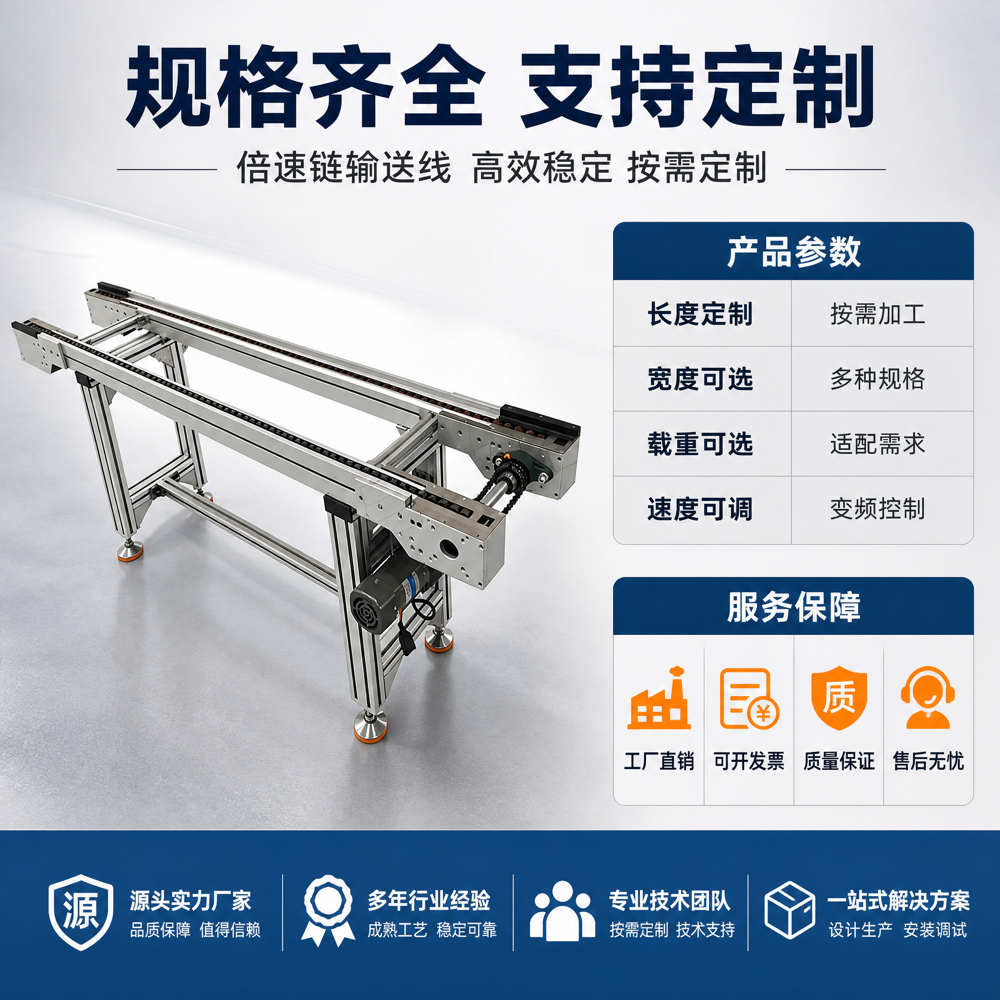[主图-5] 倍速链输送线 规格定制与服务保障图，展示产品规格… - 图片创意预览