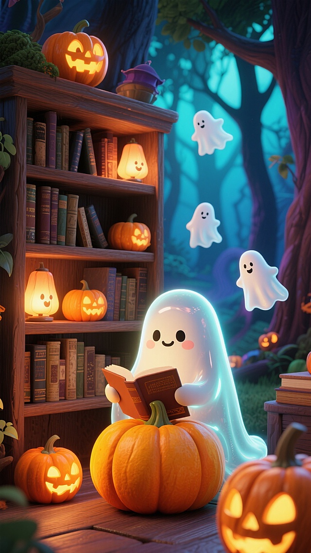 梦幻感与可爱感交织的软3D风格，拟人化小幽灵在南瓜灯环绕的森林书屋中阅读，光影柔和，水彩质感渲染，营造出温馨卡通风的万圣节虚拟现实场景。