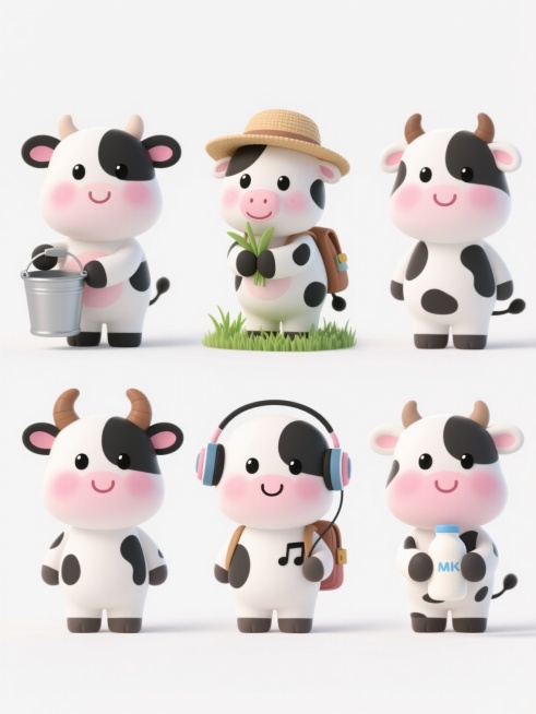 白色背景上，六个完全不同元素内容的奶牛系列素材集合，保持规整排布。每个奶牛都具有相同的可爱卡通风格：圆润的身体比例，黑白相间的奶牛花纹，粉白渐变的圆润脸部，脸颊带有粉色腮红，棕色的弯角，黑色的圆眼睛带有高光，粉色的大鼻子和微笑的嘴巴，四肢短小，整体造型Q萌可爱，色彩明快柔和，边缘清晰平滑。六个奶牛分别进行不同的活动：第一个奶牛手持挤奶桶，第二个奶牛头顶戴着小草帽，第三个奶牛正在吃青草，第四个奶……预览效果