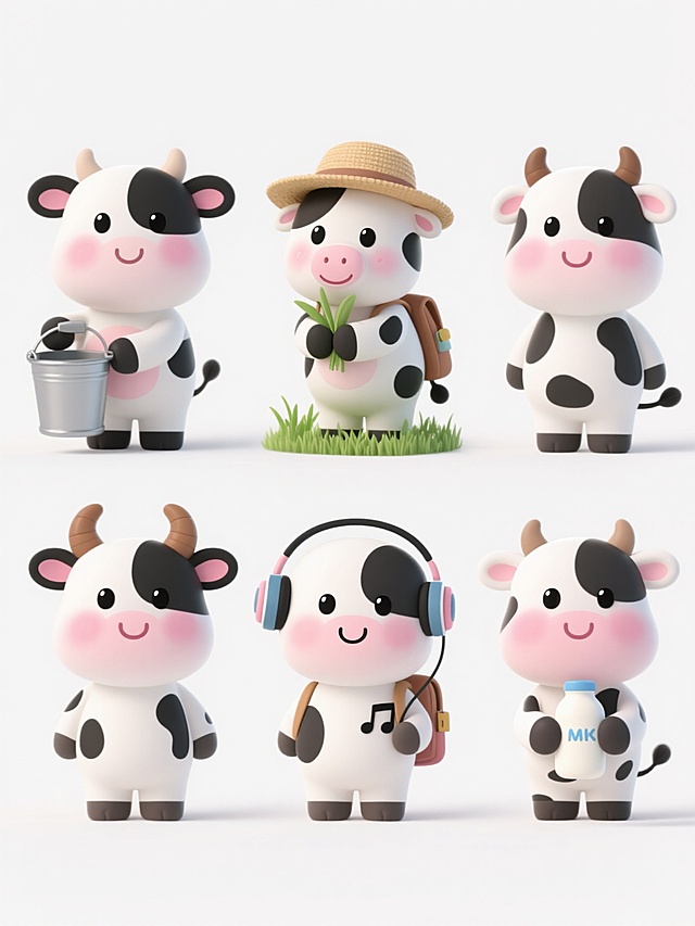 白色背景上，六个完全不同元素内容的奶牛系列素材集合，保持规整排布。每个奶牛都具有相同的可爱卡通风格：圆润的身体比例，黑白相间的奶牛花纹，粉白渐变的圆润脸部，脸颊带有粉色腮红，棕色的弯角，黑色的圆眼睛带有高光，粉色的大鼻子和微笑的嘴巴，四肢短小，整体造型Q萌可爱，色彩明快柔和，边缘清晰平滑。六个奶牛分别进行不同的活动：第一个奶牛手持挤奶桶，第二个奶牛头顶戴着小草帽，第三个奶牛正在吃青草，第四个奶牛背上背着小书包，第五个奶牛戴着耳机听音乐，第六个奶牛抱着一瓶牛奶，所有奶牛姿态各异但风格统一，整齐排列形成系列感。
