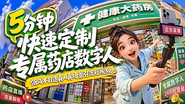 一幅有趣的3D插图，整体采用卡通+3D拟物风格，色彩饱和度高，突出视觉吸引力；文字主图海报 文字内容占画面一半  主题文案白色主标题字体“5分钟快速定制专属药店数字人”副标题“低成本打造真人真场景引流短视频”，模拟真手写笔触，字体笔画粗厚醒目，形态夸张变形，部分笔画带俏皮弧度或独特弯折，营造活波、肆意、充满活力的派对氛围。；一个女孩，俯视鱼眼镜头，身穿药店店员服装 手持设备正在直播，从下往上拍摄，比例很夸张，强烈的仰视透视感，广角，背景是“健康大药房”门店门口。文字突出 背景和人物是装饰