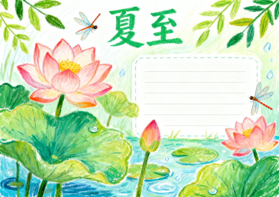 夏至主题手抄报，油画棒手绘风格，横版A4排版，清新色彩，包含荷花、蜻蜓、绿叶插画，清凉夏日氛围，留有文字框预览效果