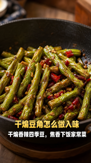 美食实拍图，锅中盛着干煸香辣四季豆，焦香入味，画面带有两行文字：第一行"干煸豆角怎么做入味"，第二行"干煸香辣四季豆，焦香下饭家常菜"，文字位于画面中线偏下位置，美食特写，暖色调，高清写实预览效果