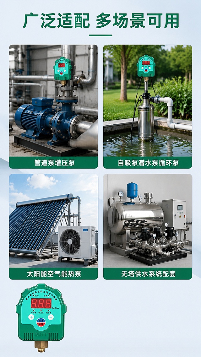 「图片1」，生成一套详情页，商品名称为微电脑水泵数显压力控制器，适配淘宝/天猫平台，单图比例为9:16，需求屏数为8张。，适用场景：适用于管道泵、增压泵、自吸泵、潜水泵、循环泵等，尤其适用太阳能热泵、空气能热泵、威乐家庭增压泵、格兰富循环泵、无塔供水器等配套，产品特点：内置陶瓷压力传感器，耐高压，耐高温，压力显示精准，稳定。