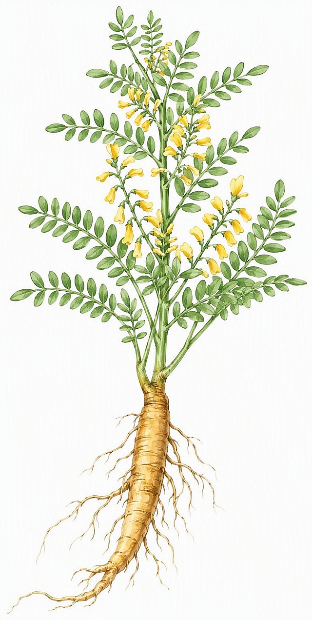 参考图中的黄芪植物手绘插画风格，重新生成完整的黄芪植株，包含羽状复叶、黄色蝶形小花、粗壮的黄褐色主根及细根须，水彩手绘风格，线条柔和，色彩清新自然，纯白背景，高清细节，适合印刷出版的药用植物图鉴插画