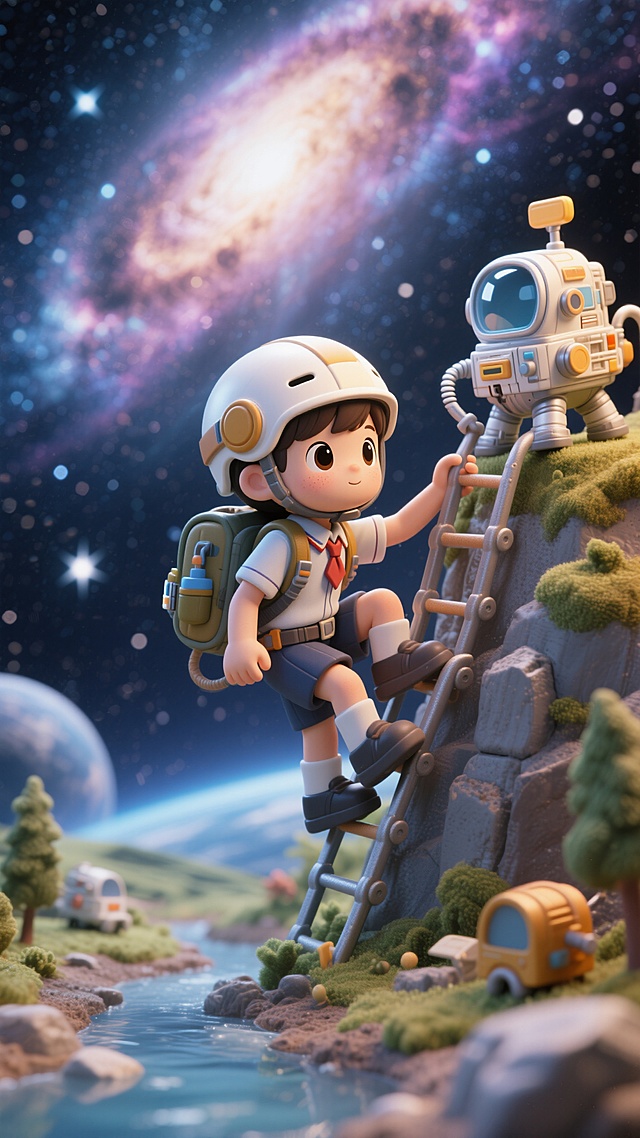 一个学习的小孩攀爬着微型探险者，宇宙背景