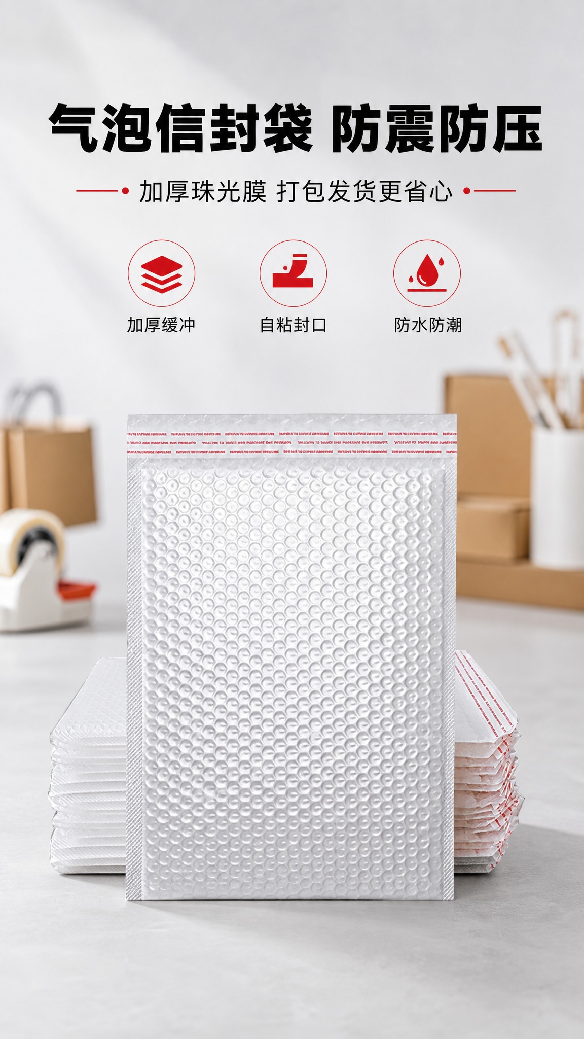 基于图1的白色珠光膜气泡信封袋，生成淘宝天猫详情页头图海报。产… - 图片创意预览