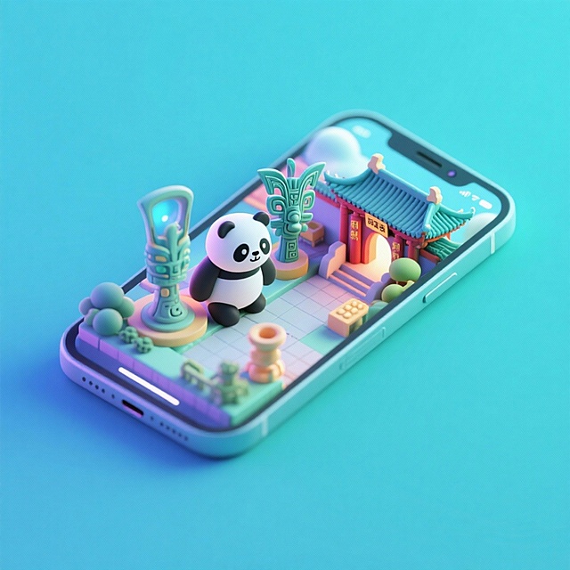 一个手机创意微缩场景，手机平放，侧面对着观众，手机俯视角度，立体的成都景观从屏幕内出来，有熊猫，三星堆，武侯祠，整体色调立体魔幻。青色背景。具有梦幻感,打光营造出柔和氛围强调梦幻和未来感的美学。