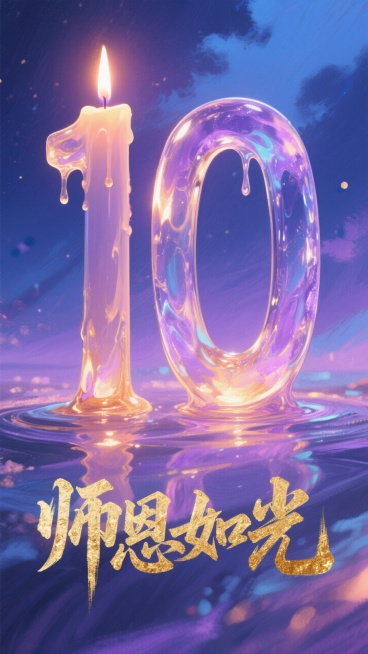 融化的蜡烛的烛油，慢慢汇聚成数字 “10”，背景是深邃而温柔的蓝紫色夜空，蓝色与紫色相互交融，过渡自然，在蜡烛下方，展开着烫金质感的艺术字体 “师恩如光”。字体的笔画粗壮有力，预览效果