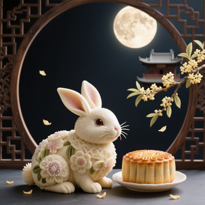 以面食为主材料，参考山西传统花馍造型，主体是面食兔子，身旁放置裹着糖霜的中秋月饼，上方有圆月亮，右后方背景为古城楼样式，旁边摇曳着桂花枝，画面中有桂花花瓣飘落，整体用拱形古代镂空窗格围绕，深色黑夜简约预览效果