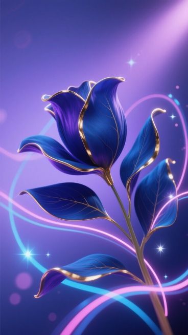 一张具有高级感的3D渲染花卉海报，画面主体是几片形态优雅、边缘微微卷曲的花瓣，花瓣呈现细腻的丝绸质感，表面有清晰的叶脉纹理。整体配色改为深邃的靛蓝色与亮紫色渐变，花瓣边缘点缀着鎏金光泽。背景是柔和的渐变紫色调，带有朦胧的光斑效果。画面中融入流畅飘逸的炫光线条元素，这些线条如星河般在花瓣周围环绕、穿梭，线条颜色为亮蓝色与粉色渐变，带有轻微的发光效果，与花瓣的金色边缘形成和谐对比。光线从画面上方偏……预览效果