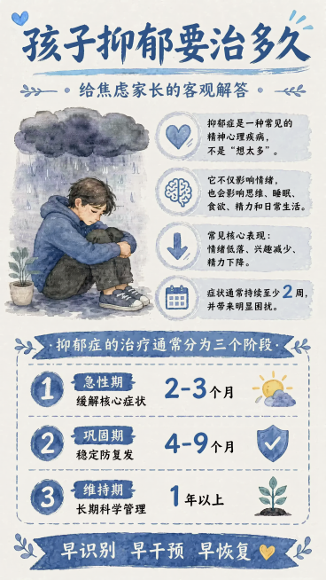 采用蓝色水彩手绘风格，米色纸张背景，和参考图风格保持一致，主标题是"孩子抑郁要治多久"，副标题是"给焦虑家长的客观解答"，底部装饰文案为"早识别 早干预 早恢复"，分三个阶段展示疗程信息：1. 急性期预览效果