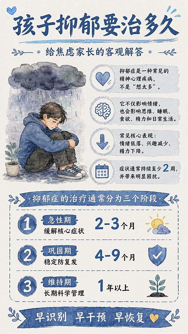 采用蓝色水彩手绘风格，米色纸张背景，和参考图风格保持一致，主标题是"孩子抑郁要治多久"，副标题是"给焦虑家长的客观解答"，底部装饰文案为"早识别 早干预 早恢复"，分三个阶段展示疗程信息：1. 急性期：2-3个月，缓解核心症状；2. 巩固期：4-9个月，稳定防复发；3. 维持期：1年以上，长期科学管理，整体排版分区清晰，文字清晰可读，版式精美，色调柔和治愈，心理科普海报，9:16比例，保留所有关键文案信息