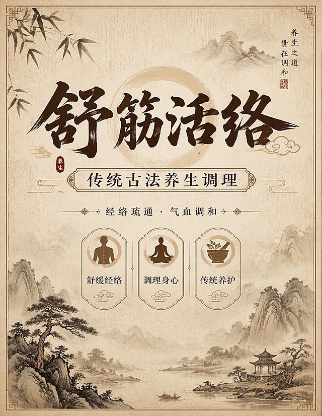 古典风格养生展板海报，主视觉大标题 "舒筋活络"，副标题 "传统古法养生调理"，装饰文字 "经络疏通 · 气血调和"，卖点文字 "舒缓经络" "调理身心" "传统养护"，背景采用中式水墨山水+木纹暗纹，整体古色古香，宣纸质感，中式山水元素点缀，排版精美，层级清晰，文字清晰可读，四边留白舒适，整体色调偏沉稳原木棕色，符合传统中医养生氛围，竖版展板