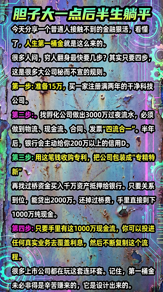 保留原图片所有文案内容不变，文案为：
胆子大一点后半生躺平
今天分享一个普通人接触不到的金融狠活，看懂了，人生第一桶金就是这么来的。
很多人问，穷人翻身最快要几步?其实只要四步，
这是很多大公司秘而不宣的规则。
第一步:准备15万，买一家注册满两年的干净科技公司。
第二步:。找孵化公司做出3000万过夜流水，必须做到物流、现金流、合同、发票“四流合一”。半年后，银行会主动给你200万以上的信用D。
第三步:用这笔钱收购专利，把公司包装成“专精特新”
再找过桥资金买入千万资产抵押给银行。只要关系到位，能贷出2000万。还掉过桥费，手里直接剩下1000万纯现金。
第四步:只要手里有这1000万现金流，你可以投进任何真实业务去覆盖利息，然后不断复制这个流程。
很多上市公司都在玩这套连环套。记住，第一桶金未必非得是辛苦赚来的，它是设计出来的。
生成小红书图文卡片，酸性金属风格，做旧金属质感背景，粗黑边框文字，荧光色点缀关键信息，保留全部文案内容不变，赛博潮流设计感