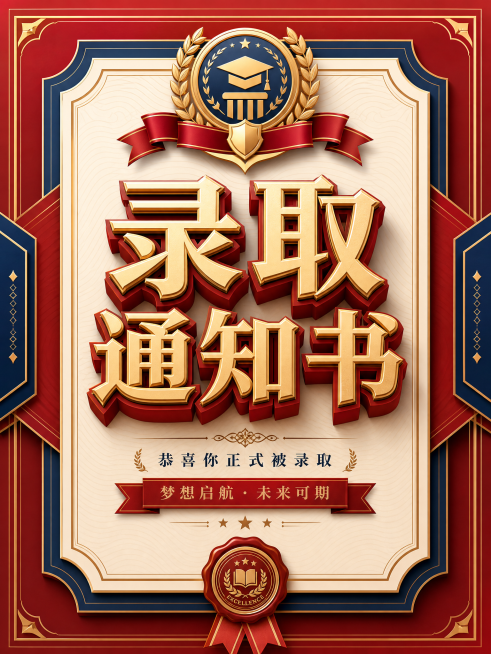 矢量风格的立体录取通知书，设计大气正式，有层次感，包含"录取通知书"立体艺术字，整体为矢量图形，线条清晰，风格精致典雅，适合打印使用预览效果