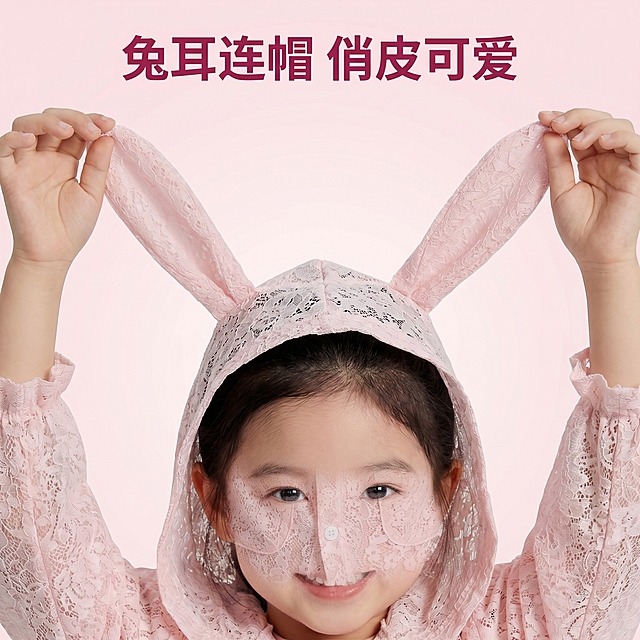 [第一套-甜美可爱风主图3]兔耳连帽造型细节展示；
[氛围风格]可爱俏皮，突出设计亮点；
[画面元素]商业摄影质感、光线柔和通透、产品清晰真实、画面干净高级。亚洲小女孩模特同图1保持一致造型，特写帽子的立体兔耳设计，清晰展示造型细节，背景浅粉色干净简约；
[配色色系]主色调：浅粉色，背景同色系浅渐变；
[视角构图]平视特写，聚焦兔耳部分；
[文字版式]顶部居中，主标题“兔耳连帽 俏皮可爱”深粉色粗体，不遮挡产品细节；
[比例分辨率]1:1 比例，2k 分辨率，文字清晰可辨，超高清；
[负向提示词]变形，水印，文字错乱，产品图模糊，背景杂乱