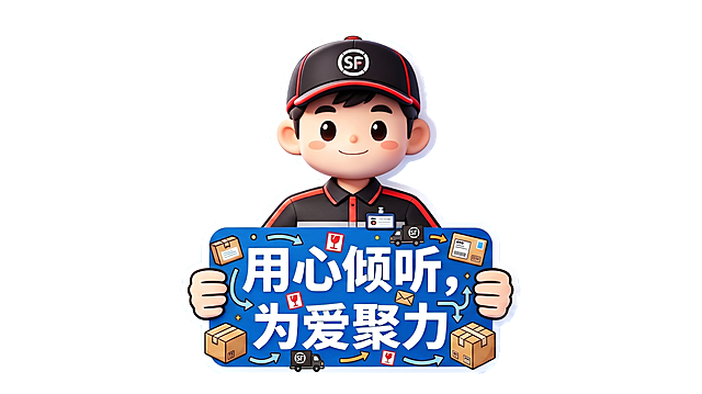 在手举蓝色牌子上增添快递相关小元素，比如小快递盒、货车轮廓、包裹图标等装饰，保持文案"用心倾听，为爱聚力"清晰不变，整体风格不死板更活泼，保留3D顺丰快递小哥形象和蓝色背景