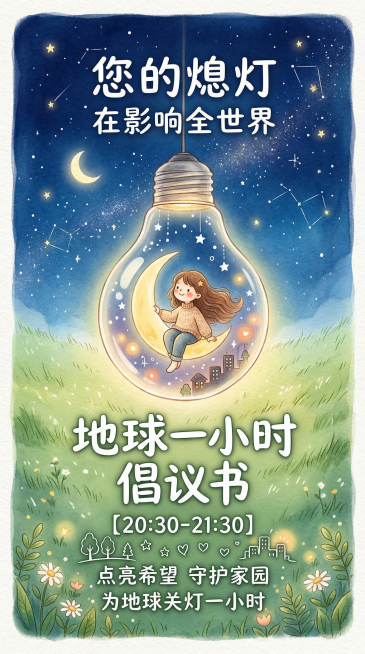 深蓝星空与浅草绿草地背景的地球一小时竖版公益倡议书海报，手绘治愈风，居中构图。中央是内部有坐在弯月上女孩的透明灯泡，点缀白色星星与城市剪影。文字部分：顶部白色字 "您的熄灯 在影响全世界"，中部白色手预览效果