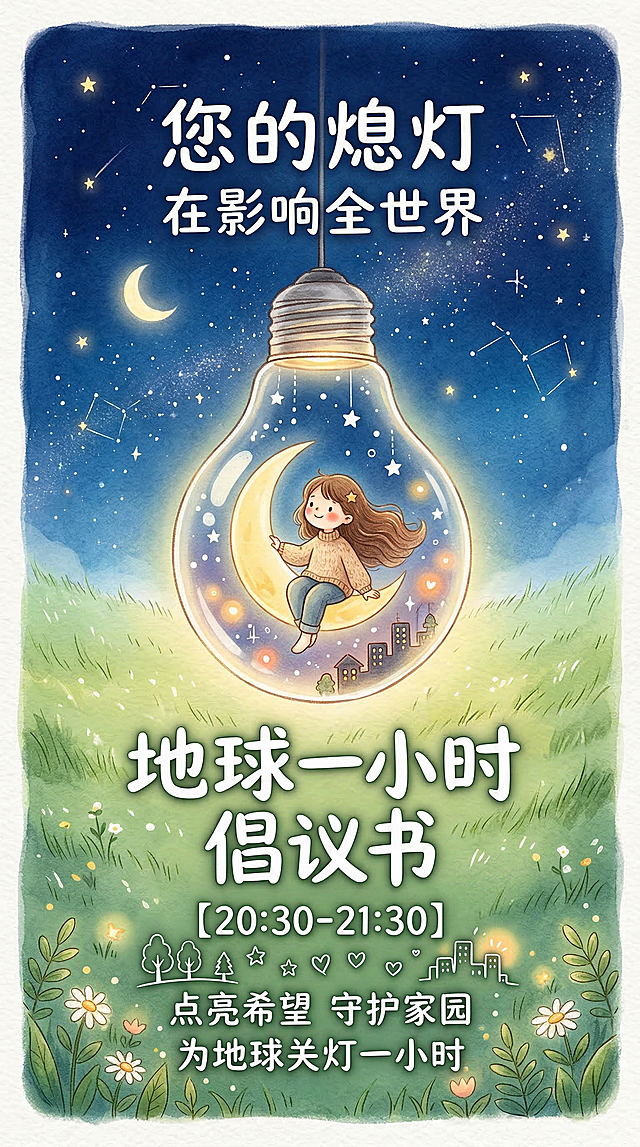 深蓝星空与浅草绿草地背景的地球一小时竖版公益倡议书海报，手绘治愈风，居中构图。中央是内部有坐在弯月上女孩的透明灯泡，点缀白色星星与城市剪影。文字部分：顶部白色字 "您的熄灯 在影响全世界"，中部白色手写体字 "地球一小时 倡议书"，底部白色时间 "[20:30-21:30]" 及祈福文字。