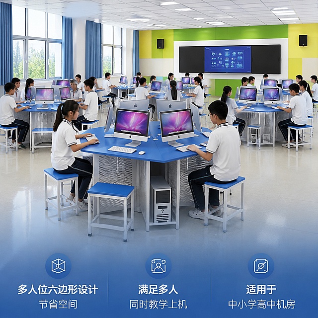 [主图-5] 适用场景整体展示
[氛围风格] 整体机房应用场景，真实使用氛围
[画质] 商业摄影质感，场景开阔，整体清晰
[元素] 完整的中小学微机室教室场景，多组六边形钢架电脑桌整齐排列，每个位置都配有凳子和电脑，学生正在上机使用，空间宽敞明亮，符合学校机房标准布局，产品保持与原图一致外观和配色。整体场景完整展示产品应用方式，产品占画面约65%
[光影] 整体室内自然光，明亮均匀，体现大空间使用场景，氛围真实自然
[配色] 保持产品蓝白配色，搭配教室黄绿墙面，整体和谐专业
[视角构图] 中远景平视，展示多组产品整体排列效果，体现空间利用率
[文字版式] 底部安全边距放置三列卖点文案，左「多人位六边形设计 节省空间」，中「满足多人同时教学上机」，右「适用于中小学高中机房」，每列文字上大下小，清晰易读，不遮挡产品主体
[输出要求] 1:1 比例，文字清晰锐利，超高清商业摄影
[负向提示词] 变形，文字错乱，人物面部怪异，背景杂乱，水印，电商平台Logo