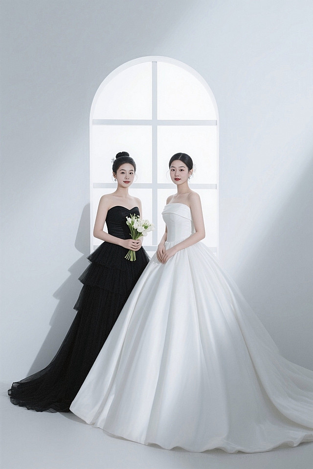 背景简约白色，拱形窗户，左边女生穿着黑色婚纱，盘发，拿着捧花，右边女生穿着白色拖尾婚纱，裙摆很大