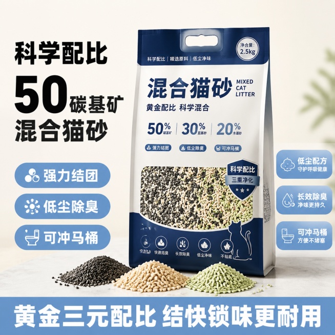 [单张主图] 混合猫砂电商头图，爆款促销感主图，同时承担点击、理解、信任、转化四个任务。猫砂采用黄金科学配比 50%碳基矿+30%豆腐+20%木薯，主打强力结团低尘除臭。[构图版式] 采用左文右品标签预览效果