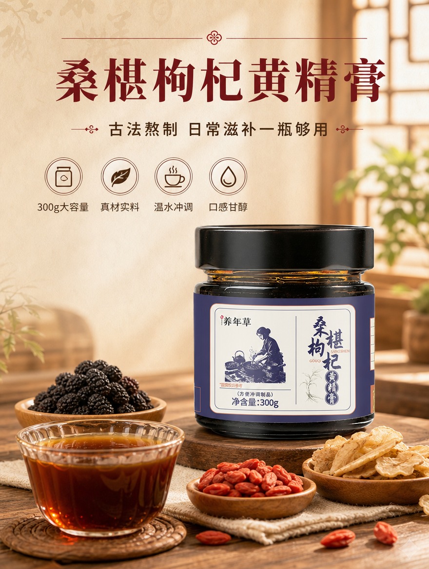 [商品] 使用【图1】养年草桑椹枸杞黄精膏产品图；保留黑色瓶盖… - 图片创意预览