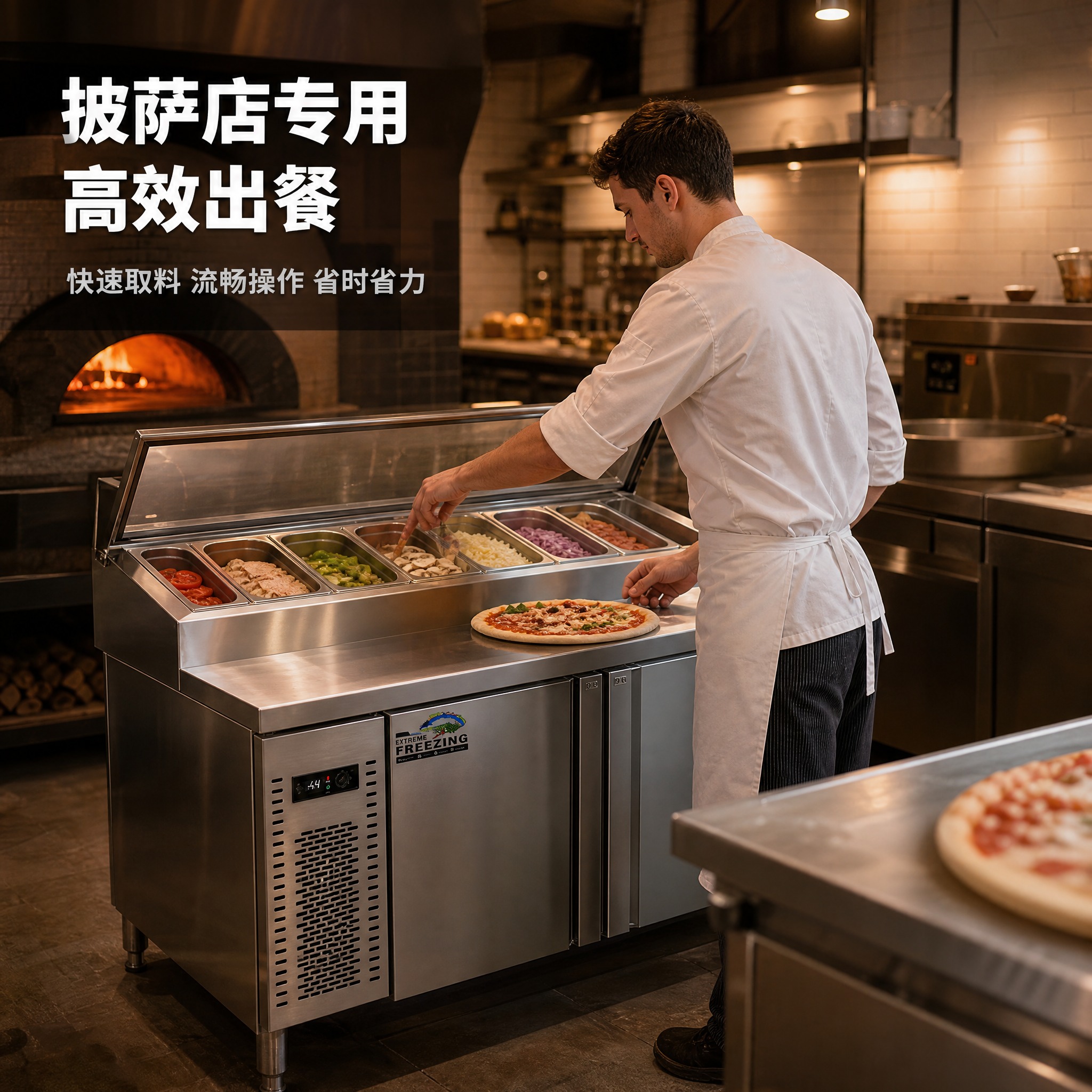 [主图-4] 真实使用场景 商用厨房中披萨师傅操作撒料台的工作… - 图片创意预览