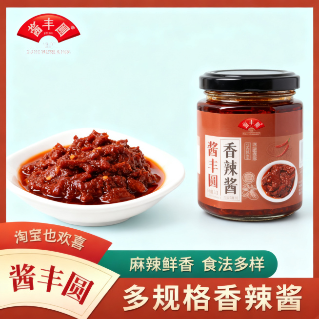 淘宝电商主图，1:1尺寸，香辣酱产品，保留参考图红棕配色，展示罐装成品效果，突出品牌"酱丰圆"，干净清爽背景，突出商品本身预览效果